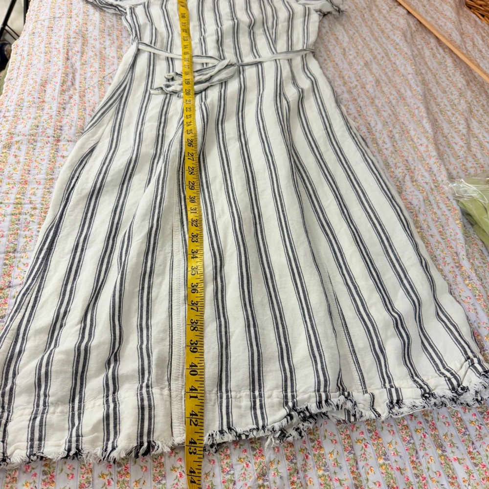Pilcro Anthropologie Striped Linen Ruffle Button Front Midi Dress White Blue 6 - Picture 13 of 13